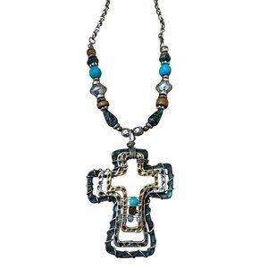 Southwestern Silver Tone Cross Wire Wrapped 3 Metals Pendant Long Bead Necklace